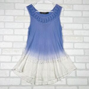 Raya Sun Blue Ombre Boho Sleeveless Tunic Top with‎ Embellished Detail Size L